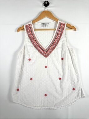 Tribal Boho Embroidered Beaded White Cotton Blouse M Festival Top